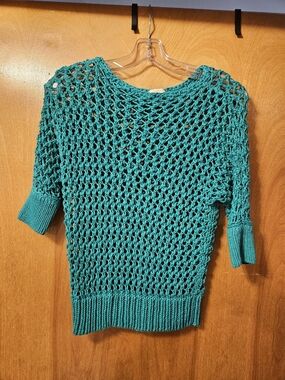 Chico's Teal Open-Weave Short Sleeve Sweater Top